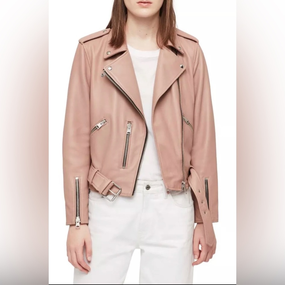 ALLSAINTS Balfern Lambskin Leather Biker Jacket - Pink - 6 US UK 10